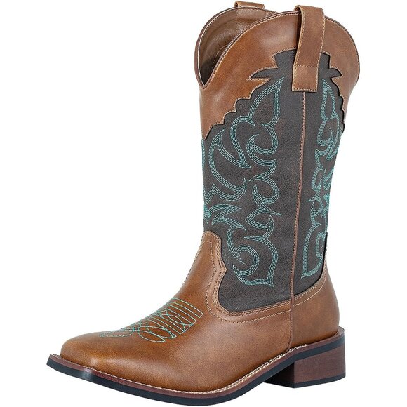 SheSole Western Boots Women's Brown Tan Faux Leather Square Toe Wide Mid Calf - Picture 1 of 9